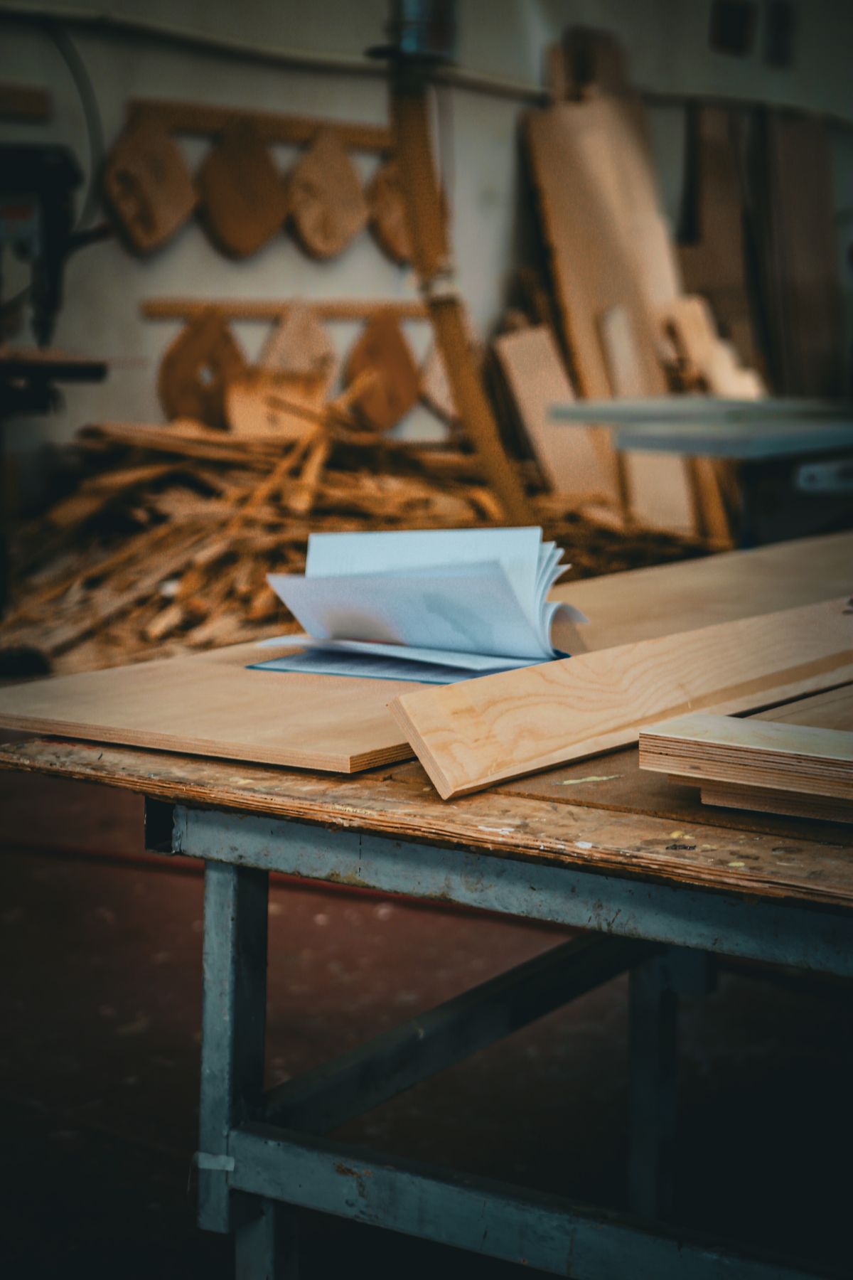 Joinery workshop bench with cut timber boards